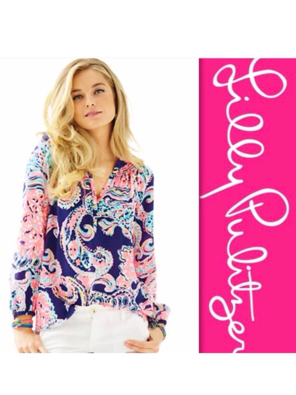 Lilly Pulitzer Silk Elsa Top For The Halibut Navy Puff Sleeves Gold Buttons Sz M